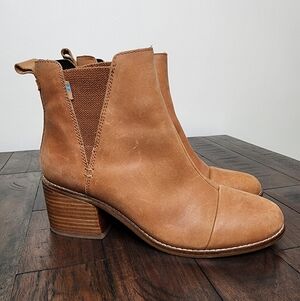 TOMS Women's Tan Leather Block Heel Ankle Boots Size 7.5W Casual Cabincore